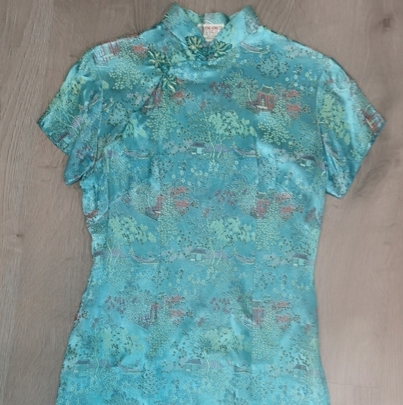 90S Y2K Chinoiserie Suzy Wong Cheongsam Lt Blue fitted short dress - Picture 2 of 7